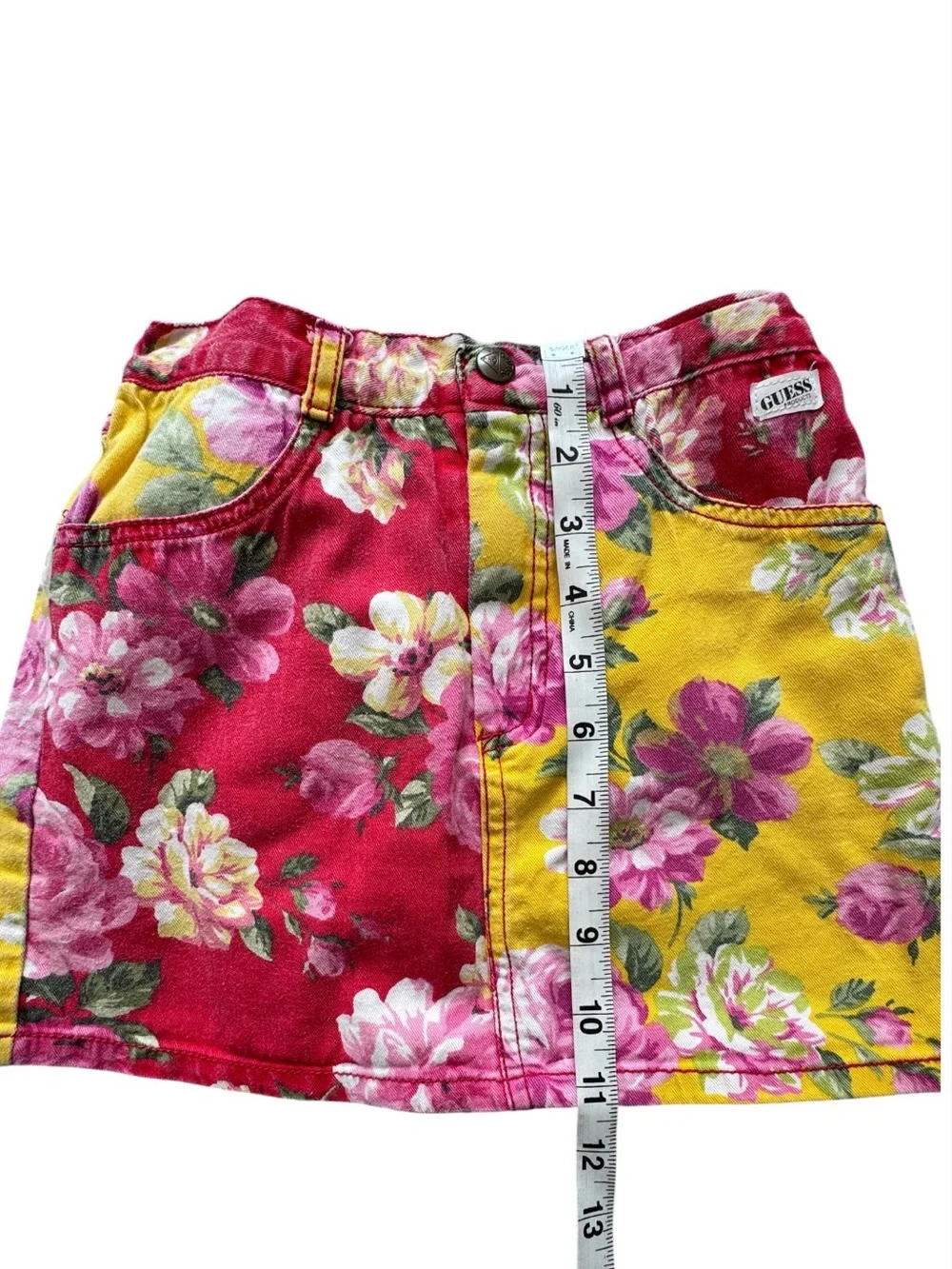 90’’s Guess Girls’ Floral Denim Two-Piece Set Shirt Skirt Red Yellow Size 6